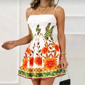 White Strap Mini Dress with Orange Floral Print